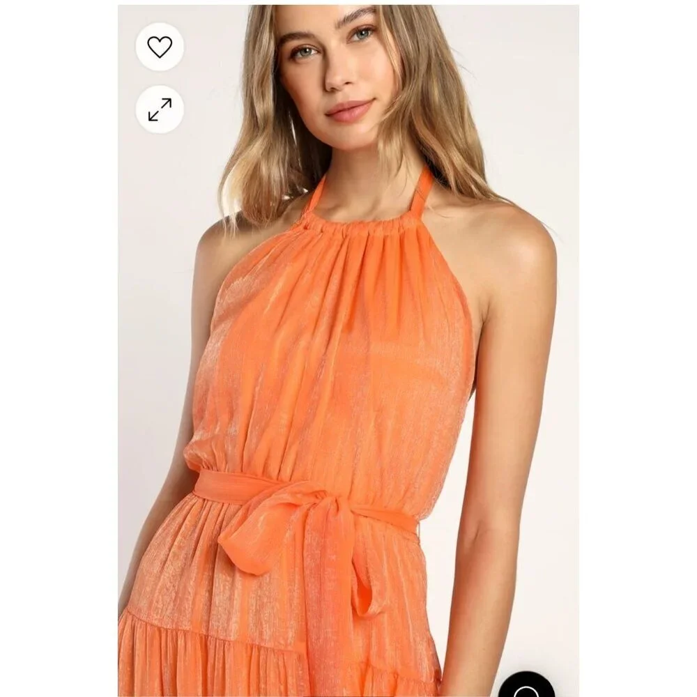 New Lulus Tiers to Style Orange Tiered Halter Maxi Dress Size L - Picture 3 of 11